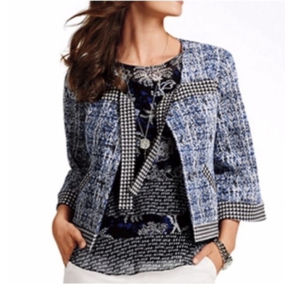 Cabi Reina 21 Club Blue Black Tweed Crop Jacket Blazer